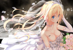 Rule 34 | 1girl, bad id, bad pixiv id, barcode, barcode tattoo, bare shoulders, blonde hair, blue eyes, blush, bouquet, braid, breasts, bridal veil, bride, cleavage, dress, elbow gloves, flower, gloves, hair ornament, hand on own head, highres, holding, holding bouquet, large breasts, long hair, numpopo, original, price tag, side braid, sidelocks, smile, solo, strapless, strapless dress, tattoo, tiara, veil, wedding dress, white dress, white gloves, wind