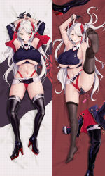Rule 34 | 1girl, :q, armpits, azur lane, bed sheet, black footwear, black gloves, black thighhighs, blue jacket, boots, unworn boots, breasts, brown thighhighs, cleft of venus, commentary request, crop top, cropped jacket, dakimakura (medium), feet, gloves, headgear, headset, high heel boots, high heels, highleg, highleg panties, highres, huge breasts, jacket, unworn jacket, leg up, long hair, looking at viewer, lying, microphone, microskirt, midriff, multicolored hair, multiple views, navel, no shoes, object insertion, official alternate costume, on back, open clothes, open jacket, panana, panties, prinz eugen (azur lane), prinz eugen (final lap) (azur lane), red hair, red panties, sheet grab, silver hair, skirt, soles, spread pussy under clothes, streaked hair, thigh boots, thighhighs, toes, tongue, tongue out, two side up, underboob, underwear, vaginal, vaginal object insertion, very long hair, yellow eyes