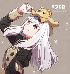 Rule 34 | 1girl, buttons, closed mouth, commentary request, fire emblem, fire emblem: three houses, fire emblem heroes, garreg mach monastery uniform, grey background, hair between eyes, juria0801, long hair, long sleeves, looking up, lysithea von ordelia, nintendo, numbered, on head, pink eyes, simple background, smile, solo, stuffed animal, stuffed toy, teddy bear, twitter username, uniform, upper body, white hair