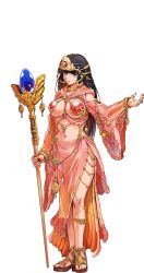 Rule 34 | 1girl, black hair, blue eyes, breasts, covering privates, covering nipples, earrings, feet, full body, garania (sennen sensou aigis), highres, holding, jewelry, large breasts, legs, long hair, looking at viewer, lots of jewelry, midriff, nail polish, navel, parted lips, red nails, ring, sandals, sennen sensou aigis, smile, solo, staff, standing, thighs, toes, transparent background, white background, wide sleeves