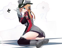 Rule 34 | 10s, 1girl, anchor hair ornament, ass, black panties, black ribbon, black skirt, black thighhighs, blonde hair, blue eyes, blush, cross, gloves, hair ornament, hair ribbon, hand on headwear, hat, iron cross, kantai collection, long hair, long sleeves, looking at viewer, looking back, microskirt, military, military uniform, over-kneehighs, panties, peaked cap, prinz eugen (kancolle), ribbon, sitting, skirt, so shina, sohin, solo, thighhighs, twintails, underwear, uniform, white background, white gloves