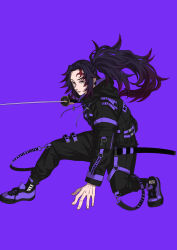 Rule 34 | 1boy, absurdres, alternate costume, black hair, black pants, black sweater, character name, contemporary, floating hair, gradient hair, hair intakes, highres, holding, holding sword, holding weapon, hood, hood down, hooded sweater, kake hashi3, katana, kimetsu no yaiba, kokushibou, long hair, long sleeves, male focus, multicolored hair, pants, parted lips, ponytail, purple background, purple footwear, red eyes, red hair, scar, scar on face, scar on forehead, sheath, shoes, simple background, sneakers, solo, sweater, sword, unsheathed, very long hair, weapon