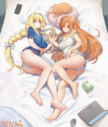 Rule 34 | 2girls, absurdres, alice zuberg, animal, asuna (sao), bare arms, bare legs, bare shoulders, barefoot, bed, blue panties, blue shirt, braid, braided ponytail, brown eyes, brown hair, cat, computer, covered erect nipples, dress, feet, hair intakes, hairband, highres, holding, holding hair, laptop, long hair, looking at viewer, multiple girls, ninai, no shoes, panties, pillow, shirt, sleeveless, sleeveless dress, soles, sword art online, toes, underwear, white dress, white hairband, white sleeves, yuri
