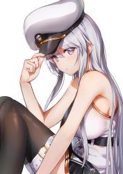 Rule 34 | 1girl, azur lane, bare arms, bare shoulders, belt, black necktie, black skirt, breasts, brown thighhighs, closed mouth, commentary request, enterprise (azur lane), hand on headwear, hand up, hat, highres, knees up, long hair, looking at viewer, medium breasts, military, military hat, military uniform, miniskirt, necktie, peaked cap, pleated skirt, purple eyes, shirt, sidelocks, silver hair, simple background, sitting, skirt, sleeveless, sleeveless shirt, solo, thighhighs, uniform, west 24, white background, white hat, white shirt