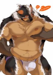 Rule 34 | 1boy, animal ears, bara, belly, belly grab, black fur, blush, boogbogex, brown eyes, brown fur, bulge, chest hair, couple, cowboy shot, dog boy, dog ears, dog tail, english text, fat, fat man, fluffy, furry, furry male, grabbing, grabbing own breast, highres, jockstrap, large pectorals, looking down, male focus, male underwear, muscular, navel, nipples, orange fur, original, pectoral grab, pectorals, short hair, solo, stomach bulge, tail, thick thighs, thighs, thought bubble, underwear, whiskers, white background, white fur, yaoi