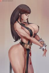 Rule 34 | 1girl, alternate costume, alternate hairstyle, backless dress, backless outfit, bare legs, bare shoulders, black dress, black hair, bracelet, braid, breast press, breasts, brown eyes, capcom, china dress, chinese clothes, chun-li, cleavage, covered erect nipples, curvy, cutesexyrobutts, dress, female focus, highres, hip focus, huge breasts, jewelry, long hair, looking away, mature female, muscular, no bra, no panties, pelvic curtain, revealing clothes, shiny skin, side slit, solo, spiked bracelet, spikes, standing, street fighter, street fighter v, thick thighs, thighs, twin braids