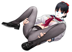 Rule 34 | 1girl, black footwear, black hair, black pantyhose, blue eyes, bow, bra, breasts, clothes lift, commentary request, full body, hair bow, highres, large breasts, leg grab, legs up, loafers, looking at viewer, lying, mibu natsuki, navel, neckerchief, on back, open mouth, original, pantyhose, ponytail, red bow, red neckerchief, school uniform, serafuku, shirt, shirt lift, shoes, simple background, smile, solo, spread legs, stomach, underwear, white background, white bra, white shirt