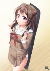 Rule 34 | 10s, 1girl, accidental exposure, ayama yuiya, bang dream!, brown dress, brown hair, buttons, collarbone, cone hair bun, double-breasted, dress, guitar case, hair bun, hair ornament, hanasakigawa school uniform, holding strap, instrument case, long sleeves, looking at viewer, neck ribbon, panties, pleated dress, purple eyes, red ribbon, ribbon, sailor collar, sailor dress, school uniform, short dress, short hair, signature, skirt caught on object, smile, solo, standing, star (symbol), star hair ornament, toyama kasumi, underwear, wardrobe malfunction, white panties, white sailor collar