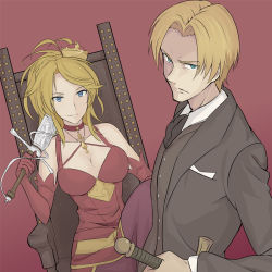 Rule 34 | 1boy, 1girl, blonde hair, blue eyes, breasts, carissa, chair, cleavage, crown, curtana, dress, formal, hair intakes, holding, holding sword, holding weapon, jack-barro, knight leader, large breasts, looking at viewer, mini crown, parted bangs, red background, red dress, simple background, sitting, smile, suit, sword, toaru majutsu no index, weapon