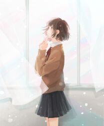 Rule 34 | 1girl, black skirt, brown eyes, brown hair, brown sweater, closed mouth, collared shirt, cowboy shot, curtains, day, envelope, highres, hinao (flowerrabbit2348), holding, holding envelope, indoors, light particles, light smile, long sleeves, looking up, neck ribbon, original, pleated skirt, profile, red ribbon, ribbon, school uniform, shirt, short hair, skirt, standing, sweater, window