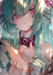 Rule 34 | 1girl, animal collar, bare shoulders, betabeet, blush, breasts, chain, collar, commentary, earrings, finana ryugu, fins, fish girl, flower, green hair, hair between eyes, hair flower, hair ornament, head fins, highres, jewelry, long hair, looking at viewer, neck tattoo, nijisanji, nijisanji en, open mouth, pink flower, pink rose, purple eyes, red collar, rose, single earring, small breasts, solo, sweat, tattoo, upper body, virtual youtuber, wrist cuffs