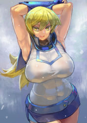 Rule 34 | 1girl, armpit crease, armpits, arms behind head, arms up, bare shoulders, belt, blonde hair, blue belt, blue gloves, covered navel, duel academy uniform (yu-gi-oh! gx), fingerless gloves, gloves, hair between eyes, kazo (kazozakazo), long hair, looking at viewer, miniskirt, open mouth, presenting armpit, skin tight, skirt, sleeveless, smile, solo, tenjouin asuka, yellow eyes, yu-gi-oh!, yu-gi-oh! gx