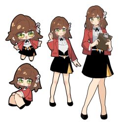 Rule 34 | 1girl, :d, black footwear, black skirt, blush, brown hair, chibi, clipboard, closed mouth, green eyes, hair between eyes, highres, holding, jacket, long hair, long sleeves, multiple views, open clothes, open jacket, open mouth, red jacket, remosea, rosa (tears of themis), shirt, shoes, simple background, single hair intake, sitting, skirt, smile, tears of themis, white background, white shirt