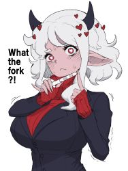 Rule 34 | 1girl, bad id, bad pixiv id, black horns, black suit, blush, breasts, business suit, colored skin, curly hair, demon girl, demon horns, english text, fingernails, formal, heart, heart-shaped pupils, helltaker, highres, holding, horns, large breasts, long sleeves, looking at viewer, medium hair, modeus (helltaker), monster girl, oh (aung ae), pink skin, pointy ears, pregnancy test, red eyes, red sweater, ribbed shirt, shirt, short hair, simple background, sleeves past wrists, solo, standing, suit, sweater, symbol-shaped pupils, tail, turtleneck, white background, white hair