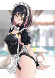 Rule 34 | 1girl, apron, black-framed eyewear, black hair, black shirt, black one-piece swimsuit, blouse, blurry, competition swimsuit, cowboy shot, depth of field, frilled apron, frilled shirt, frills, glasses, highres, looking at viewer, maid, maid headdress, multicolored hair, nabeshima tetsuhiro, one-piece swimsuit, original, pink hair, shirt, short hair, shrug (clothing), solo, streaked hair, swimsuit, two-tone hair, white apron, wrist cuffs, yellow eyes