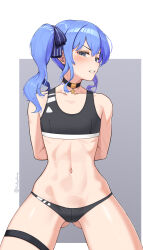 Rule 34 | 1girl, absurdres, alternate costume, arms behind back, bare shoulders, blue eyes, blue hair, blush, border, buruma, choker, clenched teeth, collarbone, cowboy shot, flat chest, gluteal fold, grey background, hair ribbon, harry (dudwofla), highres, hololive, hoshimachi suisei, long hair, matching hair/eyes, navel, restrained, ribbon, side ponytail, simple background, solo, sports bra, teeth, thighlet, virtual youtuber, white border