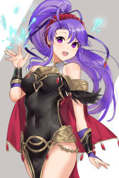 Rule 34 | 1girl, armor, bracelet, breasts, cape, choker, cleavage, dress, earrings, elbow gloves, fire emblem, fire emblem: genealogy of the holy war, fire emblem heroes, gloves, haru (nakajou-28), highres, jewelry, long hair, looking at viewer, nintendo, ponytail, purple eyes, purple hair, side ponytail, simple background, smile, solo, tailtiu (fire emblem), thighhighs, white gloves