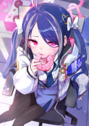 Rule 34 | 1girl, absurdres, ahoge, black pantyhose, blue archive, blue hair, blurry, blurry background, bow, chair, commentary request, doughnut, food, fubuki (blue archive), grey hair, hair between eyes, hair bow, hair ornament, heart, heart hair ornament, highres, holding, holding food, jacket, long hair, long sleeves, looking at viewer, multicolored hair, on chair, pantyhose, pink eyes, sitting, solo, twintails, two-tone hair, utsusumi kio, white bow, white jacket