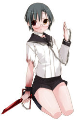 Rule 34 | 1girl, aka ume, bandages, chain, glasses, original, school uniform, serafuku, simple background, solo