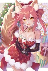 Rule 34 | 1girl, animal ear fluff, animal ears, bare shoulders, black gloves, blush, bow, breasts, christmas, cleavage, dress, elbow gloves, fate/extra, fate (series), fox ears, fox girl, fox tail, gloves, hair bow, iincho (airi8751), large breasts, long hair, looking at viewer, pink hair, red dress, sidelocks, smile, tail, tamamo (fate), tamamo no mae (fate/extra), thighs, twintails, yellow eyes