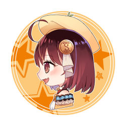 Rule 34 | 1girl, :d, ahoge, atelier (series), atelier sophie, beret, blush, breasts, brown eyes, brown hair, brown hat, commentary request, fang, frills, hair between eyes, hair ornament, hat, highres, looking away, open mouth, orange background, profile, ryuuno6, shirt, short hair, small breasts, smile, solo, sophie neuenmuller, star (symbol), striped, two-tone background, upper body, vertical stripes, white background, white shirt