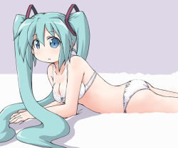 Rule 34 | 1girl, aqua hair, ass, blue eyes, bra, breasts, flat ass, hatsune miku, lingerie, long hair, lying, medium breasts, naitou kouse, on stomach, panties, solo, twintails, underwear, underwear only, vocaloid