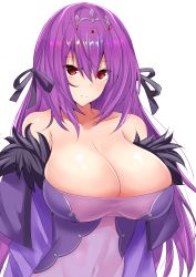 Rule 34 | 1girl, bare shoulders, black ribbon, blush, breasts, cleavage, collarbone, covered navel, dress, fate/grand order, fate (series), fur trim, hair between eyes, hair ribbon, headpiece, highres, huge breasts, long hair, looking at viewer, purple dress, purple hair, red eyes, ribbon, sankakusui, scathach (fate), scathach skadi (fate), shiny skin, simple background, solo, tiara, upper body, white background