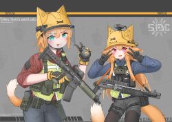 Rule 34 | 2girls, absurdres, animal ears, animal ears helmet, assault rifle, black gloves, black pantyhose, blush, camera, cat ears, cat girl, cat tail, commentary, cowboy shot, english commentary, english text, explosive, gloves, green eyes, grenade, grey shorts, gun, hair between eyes, highres, holding, holding grenade, holding gun, holding weapon, load bearing vest, long sleeves, looking at viewer, magazine (weapon), multiple girls, open mouth, orange hair, original, pants, pantyhose, pouch, red eyes, rifle, scope, shirt, short sleeves, shorts, shotgun, smile, srtdrawart, tail, v, weapon