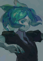 Rule 34 | 1other, androgynous, aqua background, aqua eyes, aqua hair, aqua nails, aqua theme, black necktie, colored eyelashes, commentary, floating hair, gem uniform (houseki no kuni), highres, houseki no kuni, necktie, phosphophyllite, puffy short sleeves, puffy sleeves, shirt, short hair, short sleeves, solo, ttt nitizyo, white shirt