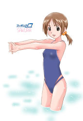 Rule 34 | 00s, 1girl, breasts, brown eyes, brown hair, casual one-piece swimsuit, cowboy shot, figure 17, flat chest, hair bobbles, hair ornament, hairclip, own hands clasped, highleg, highleg swimsuit, ibaragi sakura, interlocked fingers, one-piece swimsuit, own hands together, ponytail, short hair, small breasts, smile, solo, stretching, swimsuit, wading, water, wet