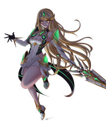 Rule 34 | 1girl, absurdres, bare legs, bare shoulders, blonde hair, breasts, chest jewel, cleavage, cleavage cutout, clothing cutout, dress, earrings, elbow gloves, gloves, highres, jewelry, large breasts, long hair, mythra (xenoblade), nintendo, nithros, shadow, short dress, simple background, solo, swept bangs, thigh strap, tiara, very long hair, white dress, white footwear, white gloves, xenoblade chronicles (series), xenoblade chronicles 2, yellow eyes