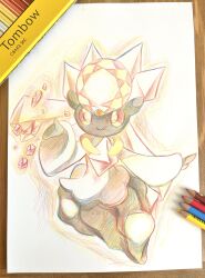 Rule 34 | 1girl, absurdres, animal ears, arm up, black skin, chest jewel, closed mouth, colored pencil (medium), colored sclera, colored skin, creatures (company), diancie, female focus, forehead jewel, full body, game freak, gen 6 pokemon, happy, highres, legendary pokemon, long hair, long sleeves, mythical pokemon, neverland+, nintendo, outline, outstretched arm, pencil, photo (medium), pink gemstone, pink hair, pokemon, pokemon (creature), red sclera, simple background, sketch, smile, solo, telekinesis, traditional media, white background, white eyes, wide sleeves