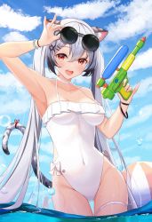 Rule 34 | 1girl, absurdres, animal ear fluff, animal ears, black hair, blue sky, breasts, cowboy shot, hair between eyes, halterneck, has bad revision, has downscaled revision, highres, holding, holding water gun, jayamon, long hair, md5 mismatch, medium breasts, multicolored hair, ocean, one-piece swimsuit, original, resolution mismatch, silver hair, sky, solo, source smaller, standing, streaked hair, swimsuit, tail, thigh strap, tiger ears, tiger girl, tiger tail, very long hair, wading, water gun, white one-piece swimsuit