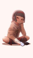 Rule 34 | 1girl, backlighting, black hair, black socks, blush, brown sweater, cellphone, closed mouth, collared shirt, colored shadow, dress shirt, earbuds, earphones, hairband, highres, holding, holding phone, kneehighs, kuro kosyou, looking at viewer, low ponytail, no shoes, off shoulder, orange eyes, original, phone, pleated skirt, ponytail, red hairband, red skirt, shadow, shirt, skirt, socks, solo, sweater, white shirt, wireless earphones