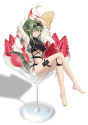 Rule 34 | 1girl, absurdres, antenna hair, arknights, arms up, bad id, bad pixiv id, bare legs, blush, breasts, chinese commentary, commentary request, crocodilian tail, crossed legs, cup, da akana xiv, drinking glass, food, gavial (arknights), green hair, green nails, grin, highres, ice cream, long hair, looking at viewer, medium breasts, nail polish, navel, official alternate costume, open clothes, open shirt, parted lips, pointy ears, ponytail, pouch, see-through, shadow, simple background, sitting, smile, solo, stomach, tail, thigh strap, thighs, toenail polish, toenails, underboob, visor cap, white background, wine glass, yellow eyes