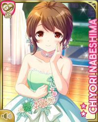 Rule 34 | 1girl, bare arms, bare shoulders, bow, brown hair, card, character name, closed mouth, dress, flower, girlfriend (kari), green dress, hair bun, hair flower, hair ornament, indoors, nabeshima chiyori, night, official art, qp:flapper, red eyes, shoes, single hair bun, smile, solo, standing, tagme, wedding dress, white bow