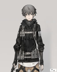 Rule 34 | ambiguous gender, androgynous, cowboy shot, dagger, gender request, grey background, grey eyes, grey hair, hair between eyes, holding, holding weapon, jacket, knife, load bearing equipment, looking at viewer, neco, original, pants, parted lips, short hair, simple background, solo, standing, weapon