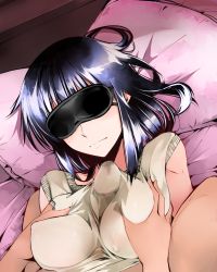 Rule 34 | 00s, 1girl, black hair, blindfold, breasts, cosaten, grabbing, grabbing another&#039;s breast, large breasts, paizuri, paizuri under clothes, penis, penis under another&#039;s clothes, pillow, precum, school rumble, solo focus, suou mikoto (school rumble)