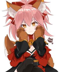 Rule 34 | 1girl, :3, absurdres, animal ear fluff, animal ears, animal hands, bell, blush stickers, bright pupils, brown eyes, closed mouth, commentary request, cowboy shot, double-parted bangs, eyelashes, fate/grand order, fate (series), fox ears, fox girl, fox tail, gloves, hair between eyes, hair ribbon, hands on own cheeks, hands on own face, hands up, highres, jingle bell, knees up, looking at viewer, m 0506, neck bell, paw gloves, pink hair, red ribbon, ribbon, ringed eyes, simple background, sitting, smile, solo, tail, tamamo (fate), tamamo cat (fate), white background
