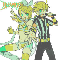 Rule 34 | 1boy, 1girl, b cm2, bandaid, bandaid on face, bare shoulders, belt, bikini, black pants, blonde hair, boots, bow, choker, clothing cutout, cowboy shot, crotch cutout, crotchless shorts, elbow pads, fighting stance, fingerless gloves, foreshortening, gloves, green eyes, hair bow, hair ornament, hairclip, highres, holding, holding microphone, kagamine len, kagamine rin, knee boots, knee pads, microphone, midriff, navel, no shirt, open mouth, outstretched arm, outstretched hand, pants, popped collar, referee, revealing clothes, ring no seraph (vocaloid), scarf, shirt, short hair, short ponytail, shorts, sideways glance, smile, standing, standing on one leg, stomach, striped clothes, striped shirt, swimsuit, thighhighs, two-tone legwear, vertical-striped clothes, vertical-striped shirt, vocaloid, white choker, white scarf, white shorts, wrestling, wrestling outfit, yellow belt, yellow bikini, yellow gloves, yellow nails, yellow thighhighs, yellow wristband