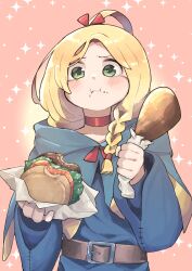 Rule 34 | 1girl, :i, absurdres, belt buckle, blonde hair, blue robe, blush, buckle, burger, cheek bulge, choker, dungeon meshi, elf, food, food on face, green eyes, highres, holding, holding food, looking at viewer, marcille donato, pointy ears, red choker, robe, ry (pitamin5), solo, sparkle background, turkey (food)