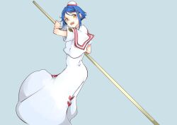 Rule 34 | 1girl, aika granzchesta, aria (manga), blue background, blue hair, blush, brown eyes, commentary, dress, earrings, hair ornament, hat, highres, himeya company uniform, holding, holding oar, impossible clothes, impossible dress, jewelry, long dress, looking at viewer, mono9ron, oar, open mouth, sailor collar, short hair, short sleeves, sidelocks, simple background, smile, solo, standing, teeth, upper teeth only, white dress, white hat, x hair ornament