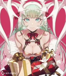 Rule 34 | 1girl, antlers, aqua eyes, bare shoulders, blunt bangs, bow, box, breasts, christmas, cleavage, closed mouth, criss-cross halter, earmuffs, from above, fur trim, gift, gift box, glint, green hair, halterneck, highres, horns, lingerie, long hair, looking at viewer, looking up, medium breasts, original, pink background, ribbon, salmon88, simple background, smile, tsurime, underwear