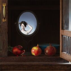 Rule 34 | 1girl, black hair, branch, cupboard, food, fruit, highres, leaf, oil painting (medium), original, painting (medium), pomegranate, realistic, reflection, shadow, solo, stick, traditional media, uno kazuhiro, wooden floor, wooden wall