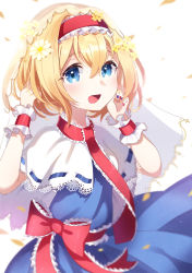 Rule 34 | 1girl, absurdres, alice margatroid, ametama (runarunaruta5656), arms up, blonde hair, blue dress, blue eyes, blue nails, blue ribbon, bow, capelet, dress, flower, frilled hairband, frills, hair between eyes, hairband, highres, lolita hairband, looking at viewer, multicolored nails, nail polish, open mouth, petals, red bow, red hairband, red nails, red neckwear, ribbon, ribbon-trimmed capelet, short hair, simple background, smile, solo, touhou, upper body, veil, white background, white capelet, wrist cuffs, yellow flower