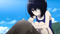Rule 34 | 10s, 1girl, animated, animated gif, another, black hair, cloud, day, eyepatch, flat chest, hill, misaki mei, red eyes, sand, screencap, sky, solo, squatting, swimsuit, water, waves