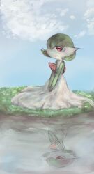 Rule 34 | 1girl, absurdres, blue sky, bob cut, closed mouth, cloud, colored skin, creatures (company), day, don (pixiv 26452165), female focus, flat chest, full body, game freak, gardevoir, gen 3 pokemon, grass, green hair, green skin, hair over one eye, happy, highres, looking up, multicolored skin, nintendo, on ground, one eye covered, outdoors, own hands together, pokemon, pokemon (creature), red eyes, reflection, reflective water, short hair, sitting, sky, smile, solo, two-tone skin, v arms, white skin
