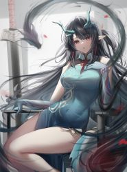 Rule 34 | 1girl, absurdres, aqua dress, arknights, bare shoulders, black hair, blush, breasts, brown eyes, china dress, chinese clothes, covered navel, dragon, dragon girl, dragon horns, dress, dusk (arknights), green hair, hand on own chest, highres, horns, large breasts, looking at viewer, multicolored hair, parted lips, pointy ears, shokuyou koori, sitting, sleeveless, streaked hair, thighs, weapon
