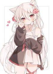 Rule 34 | 1girl, animal ears, black jacket, dress, flower, fox ears, fox girl, fox shadow puppet, fox tail, hair flower, hair ornament, halter dress, halterneck, heart, highres, jacket, leg ribbon, long hair, long sleeves, looking at viewer, off shoulder, original, pink eyes, ribbon, ringouulu, short dress, sleeveless, sleeveless dress, sleeves past fingers, sleeves past wrists, tail, thigh ribbon, white background, white dress, white hair