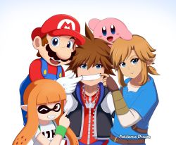 Rule 34 | blue eyes, brown hair, facial hair, fang, fangs, fingerless gloves, gloves, highres, inkling, inkling girl, inkling player character, jewelry, kingdom hearts, kirby, kirby (series), link, long hair, looking at viewer, male focus, mario, mario (series), mole, mole under mouth, multiple boys, mustache, necklace, nintendo, open mouth, overalls, patdarux, pointy ears, red hair, short hair, simple background, smile, sora (kingdom hearts), spiked hair, splatoon (series), splatoon 1, squid, super smash bros., tentacle hair, the legend of zelda, the legend of zelda: breath of the wild